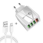 2 in 1 USB to USB-C / Type-C Data Cable + 30W QC 3.0 4 USB Interfaces Mobile Phone Tablet PC Universal Quick Charger Travel Charger Set, EU Plug(White) - 1