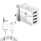 2 in 1 1m USB to Micro USB Data Cable + 30W QC 3.0 4 USB Interfaces Mobile Phone Tablet PC Universal Quick Charger Travel Charger Set, UK Plug(White) - 1