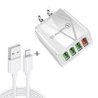 2 in 1 1m USB to 8 Pin Data Cable + 30W QC 3.0 4 USB Interfaces Mobile Phone Tablet PC Universal Quick Charger Travel Charger Set, US Plug(White) - 1