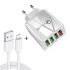 2 in 1 1m USB to 8 Pin Data Cable + 30W QC 3.0 4 USB Interfaces Mobile Phone Tablet PC Universal Quick Charger Travel Charger Set, EU Plug(White) - 1