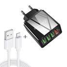 2 in 1 1m USB to 8 Pin Data Cable + 30W QC 3.0 4 USB Interfaces Mobile Phone Tablet PC Universal Quick Charger Travel Charger Set, EU Plug(Black) - 1