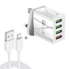 2 in 1 1m USB to 8 Pin Data Cable + 30W QC 3.0 4 USB Interfaces Mobile Phone Tablet PC Universal Quick Charger Travel Charger Set, UK Plug(White) - 1