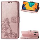 For Samsung Galaxy A20/A30 Four-leaf Clasp Embossed Buckle Mobile Phone Protection Leather Case with Lanyard & Card Slot & Wallet & Bracket Function(Rose Gold) - 1