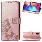 For Samsung Galaxy A10E Four-leaf Clasp Embossed Buckle Mobile Phone Protection Leather Case with Lanyard & Card Slot & Wallet & Bracket Function(Rose Gold) - 1