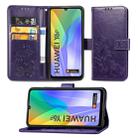 For Huawei Y6P Four-leaf Clasp Embossed Buckle Mobile Phone Protection Leather Case with Lanyard & Card Slot & Wallet & Bracket Function(Purple) - 1