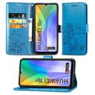 For Huawei Y6P Four-leaf Clasp Embossed Buckle Mobile Phone Protection Leather Case with Lanyard & Card Slot & Wallet & Bracket Function(Blue) - 1