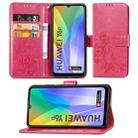 For Huawei Y6P Four-leaf Clasp Embossed Buckle Mobile Phone Protection Leather Case with Lanyard & Card Slot & Wallet & Bracket Function(Magenta) - 1