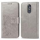 For LG Stylo 5 Four-leaf Clasp Embossed Buckle Mobile Phone Protection Leather Case with Lanyard & Card Slot & Wallet & Bracket Function(Gray) - 1