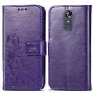 For LG Stylo 5 Four-leaf Clasp Embossed Buckle Mobile Phone Protection Leather Case with Lanyard & Card Slot & Wallet & Bracket Function(Purple) - 1