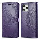 For iPhone 12 / 12 Pro Halfway Mandala Embossing Pattern Horizontal Flip Leather Case with Holder & Card Slots & Wallet & Lanyard(Purple) - 1