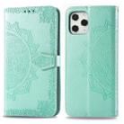 For iPhone 12 / 12 Pro Halfway Mandala Embossing Pattern Horizontal Flip Leather Case with Holder & Card Slots & Wallet & Lanyard(Green) - 1