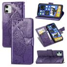 For iPhone 12 Pro Max Butterfly Love Flower Embossed Horizontal Flip Leather Case with Bracket / Card Slot / Wallet / Lanyard(Dark Purple) - 1