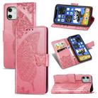 For iPhone 12 / 12 Pro Butterfly Love Flower Embossed Horizontal Flip Leather Case with Bracket / Card Slot / Wallet / Lanyard(Pink) - 1