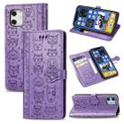 For iPhone 12 / 12 Pro Cute Cat and Dog Embossed Horizontal Flip Leather Case with Holder & Card Slots & Wallet & Lanyard(Purple) - 1