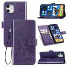 For iPhone 12 Pro Max Four-leaf Clasp Embossed Buckle Mobile Phone Protection Leather Case with Lanyard & Card Slot & Wallet & Bracket Function(Purple) - 1