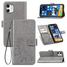 For iPhone 12 Pro Max Four-leaf Clasp Embossed Buckle Mobile Phone Protection Leather Case with Lanyard & Card Slot & Wallet & Bracket Function(Grey) - 1