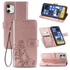 For iPhone 12 / 12 Pro Four-leaf Clasp Embossed Buckle Mobile Phone Protection Leather Case with Lanyard & Card Slot & Wallet & Bracket Function(Rose Gold) - 1