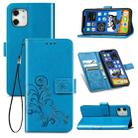 For iPhone 12 mini Four-leaf Clasp Embossed Buckle Mobile Phone Protection Leather Case with Lanyard & Card Slot & Wallet & Bracket Function(Blue) - 1