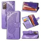 For Samsung Galaxy Note 20 Butterfly Love Flower Embossed Horizontal Flip Leather Case with Bracket / Card Slot / Wallet / Lanyard(Light Purple) - 1