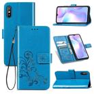 For Xiaomi Redmi 9A Four-leaf Clasp Embossed Buckle Horizontal Flip TPU + PU Leather Case with Lanyard & Card Slot & Wallet & Holder(Blue) - 1