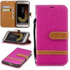 Color Matching Denim Texture Leather Case for Galaxy  J2 Pro , with Holder & Card Slots & Wallet & Lanyard(Rose Red) - 1