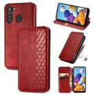 For Samsung Galaxy A21 (US Version) Cubic Grid Pressed Horizontal Flip Magnetic Leather Case with Holder & Card Slots & Wallet(Red) - 1