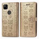 For Google Pixel 4A Cute Cat and Dog Embossed Horizontal Flip Leather Case with Bracket / Card Slot / Wallet / Lanyard(Gold) - 1