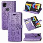 For Google Pixel 4A Cute Cat and Dog Embossed Horizontal Flip Leather Case with Bracket / Card Slot / Wallet / Lanyard(Purple) - 1