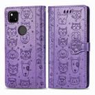 For Google Pixel 4A Cute Cat and Dog Embossed Horizontal Flip Leather Case with Bracket / Card Slot / Wallet / Lanyard(Purple) - 2