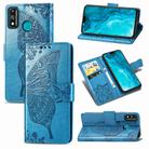 For Huawei Honor 9X Lite Butterfly Love Flower Embossed Horizontal Flip Leather Case with Bracket / Card Slot / Wallet / Lanyard(Blue) - 1