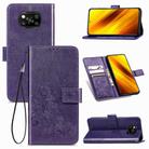 For Xiaomi Poco X3 NFC Four-leaf Clasp Embossed Buckle Mobile Phone Protection Leather Case with Lanyard & Card Slot & Wallet & Bracket Function(Purple) - 1