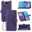 For Asus Zenfone 7 / 7 Pro  Four-leaf Clasp Embossed Buckle Mobile Phone Protection Leather Case with Lanyard & Card Slot & Wallet & Bracket Function(Purple) - 1