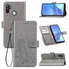 For Oppo A53 2020 Four-leaf Clasp Embossed Buckle Mobile Phone Protection Leather Case with Lanyard & Card Slot & Wallet & Bracket Function(Gray) - 1