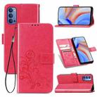 For Oppo Reno4 4G Four-leaf Clasp Embossed Buckle Mobile Phone Protection Leather Case with Lanyard & Card Slot & Wallet & Bracket Function(Magenta) - 1