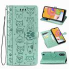 For Galaxy A01 (US Edition) Cute Cat and Dog Embossed Horizontal Flip Leather Case with Bracket / Card Slot / Wallet / Lanyard(Green) - 1