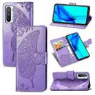 For Huawei Honor Play 4 Butterfly Love Flower Embossed Horizontal Flip Leather Case with Bracket / Card Slot / Wallet / Lanyard(Light Purple) - 1