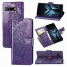 For Asus ROG Phone 3 ZS661KS Butterfly Love Flower Embossed Horizontal Flip Leather Case with Bracket / Card Slot / Wallet / Lanyard(Dark Purple) - 1