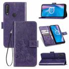 For  Alcatel 1S (2020) Four-leaf Clasp Embossed Buckle Mobile Phone Protection Leather Case with Lanyard & Card Slot & Wallet & Holder Function(Purple) - 1