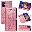 For Samsung Galaxy M51 Cute Cat and Dog Embossed Horizontal Flip Leather Case with Bracket / Card Slot / Wallet / Lanyard(Pink) - 1