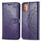 For Motorola Moto G9 Plus Embossed Mandala Pattern TPU + PU Horizontal Flip Leather Case with Holder & Three Card Slots & Wallet(Purple) - 1