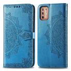 For Motorola Moto G9 Plus Embossed Mandala Pattern TPU + PU Horizontal Flip Leather Case with Holder & Three Card Slots & Wallet(Blue) - 1