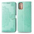 For Motorola Moto G9 Plus Embossed Mandala Pattern TPU + PU Horizontal Flip Leather Case with Holder & Three Card Slots & Wallet(Green) - 1