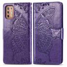 For Motorola Moto G9 Plus Butterfly Love Flower Embossed Horizontal Flip Leather Case with Bracket / Card Slot / Wallet / Lanyard(Dark Purple) - 1