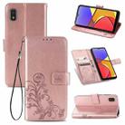 For Samsung Galaxy A21 (JP Version) Four-leaf Clasp Embossed Buckle Mobile Phone Protection Leather Case with Lanyard & Card Slot & Wallet & Bracket Function(Rose Gold) - 1