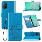 For OnePlus 8T Four-leaf Clasp Embossed Buckle Mobile Phone Protection Leather Case with Lanyard & Card Slot & Wallet & Bracket Function(Blue) - 1