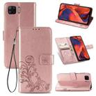 For OPPO F17 Four-leaf Clasp Embossed Buckle Mobile Phone Protection Leather Case with Lanyard & Card Slot & Wallet & Bracket Function(Rose Gold) - 1