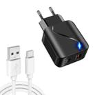 LZ-819A+C 18W QC3.0 USB + PD USB-C / Type-C Interface Travel Charger with Indicator Light + USB to USB-C / Type-C Fast Charging Data Cable Set, EU Plug(Black) - 1