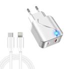 LZ-819A+C 18W QC3.0 USB + PD USB-C / Type-C Interface Travel Charger with Indicator Light + USB-C / Type-C to 8 Pin Fast Charging Data Cable Set, EU Plug(White) - 1