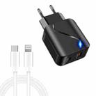 LZ-819A+C 18W QC3.0 USB + PD USB-C / Type-C Interface Travel Charger with Indicator Light + USB-C / Type-C to 8 Pin Fast Charging Data Cable Set, EU Plug(Black) - 1