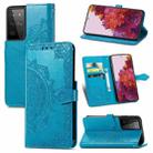 For Samsung Galaxy S21 Ultra 5G Mandala Flower Embossed Horizontal Flip Leather Case with Holder & Three Card Slots & Wallet & Lanyard(Blue) - 1